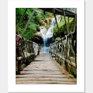 Bamboo footbridge to waterfall - vertical Posters and Art